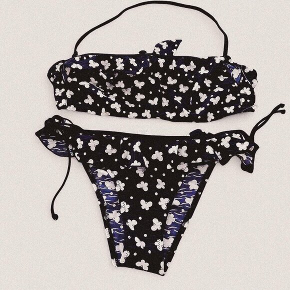 Navy white girly Cottagecore dainty polka dot butterfly ruffle tie halter bikini - Picture 1 of 6